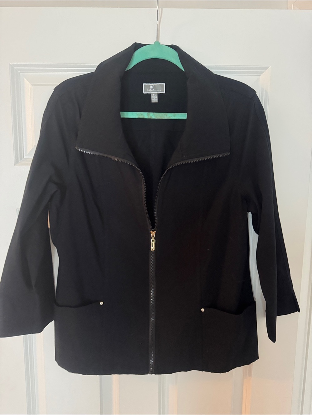JM Collection Black Zip-Front Jacket with Pocket Studs